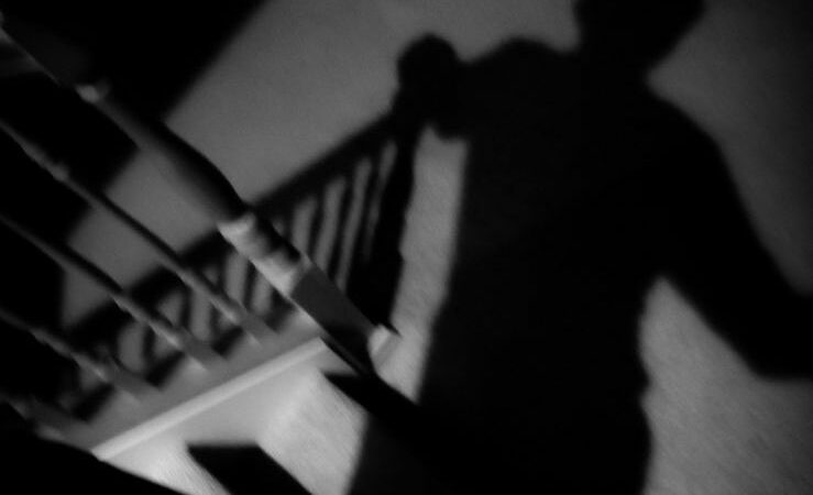 The shadow of a human-like figure on a staircase in the dark
