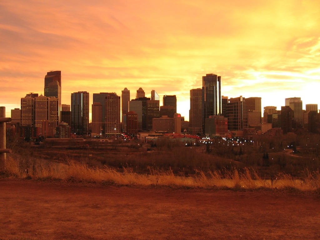 The Calgary skyline at sunset