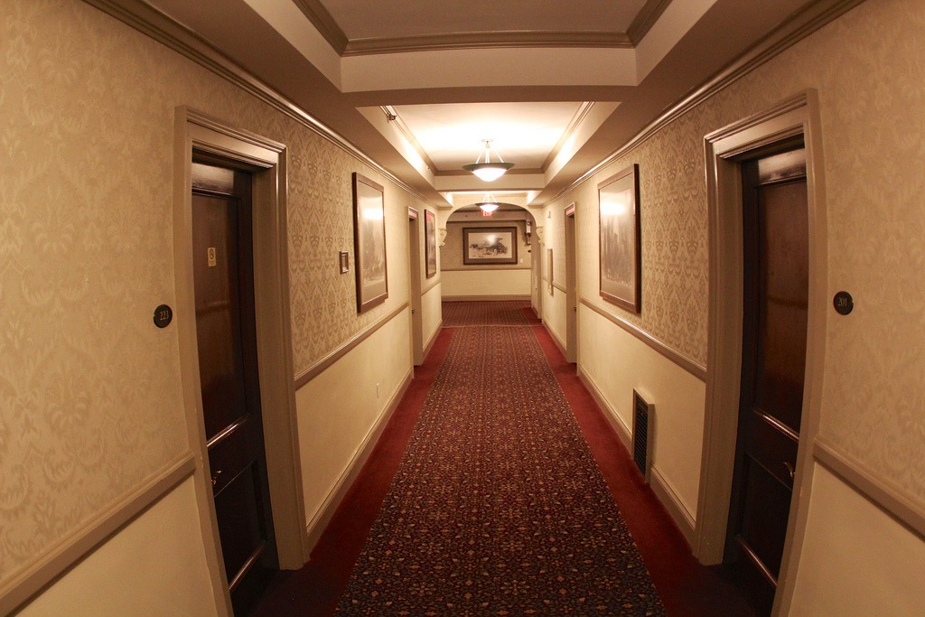 A hallway on the second floor of the Stanley Hotel.