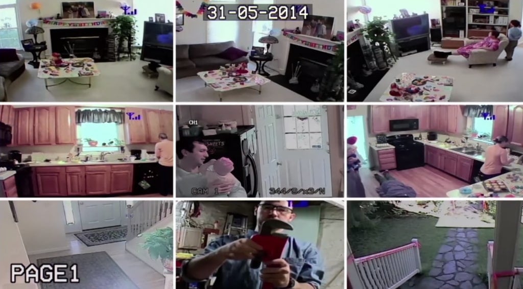 A screenshot from This House Has People In It showing a 9-by-9 square of surveillance footage of the titular house and its residents