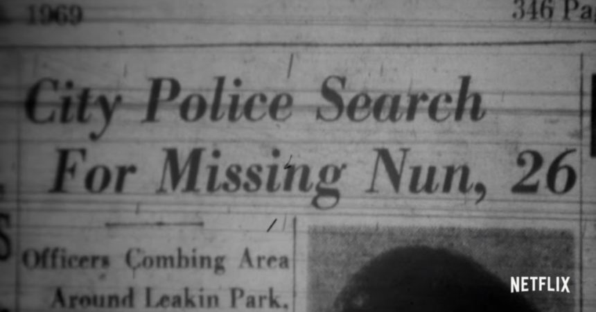 A newspaper clipping with a headline reading, "City Police Search For Missing Nun, 26"