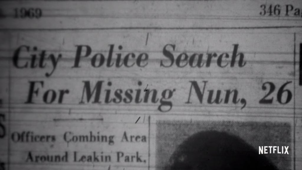 A newspaper clipping with a headline reading, "City Police Search For Missing Nun, 26"