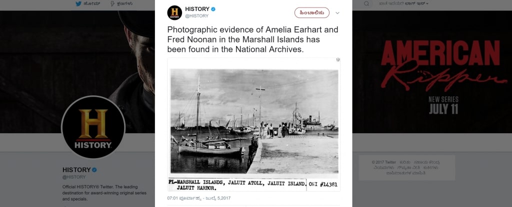 Screenshot of a tweet from the History Channel's Twitter account about the supposedly newly found photograph allegedly revealing Amelia Earhart's fate