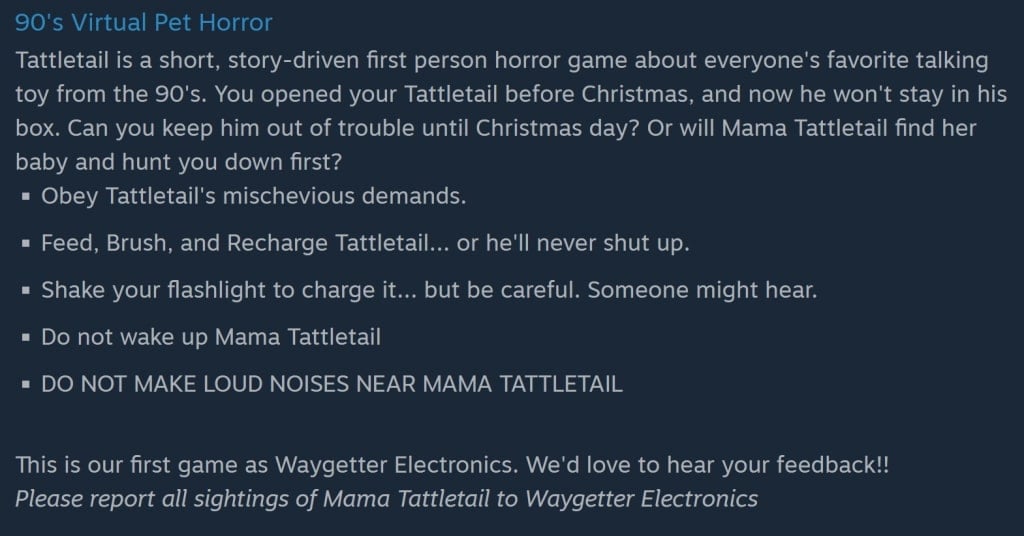 A screenshot from Tattletail's Steam page. The detail about Mama Tattletail eating a kid's eyes is now absent.