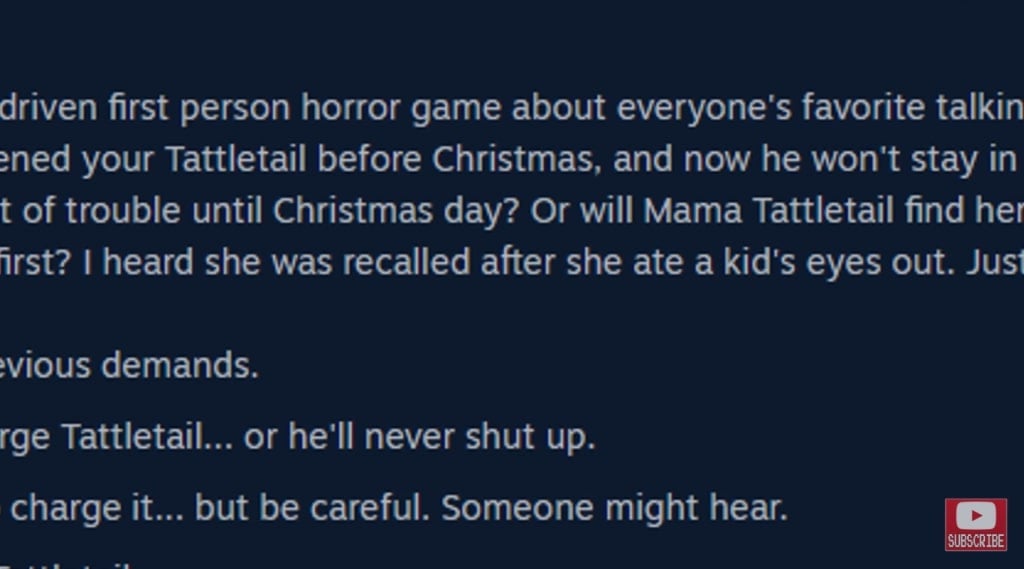 Screenshot from Tattletail's Steam page featuring the phrase, "I heard she was recalled after she ate a kid's eyes out"