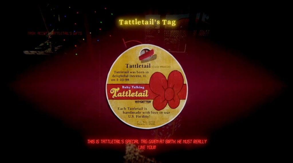 A screenshot from the game Tattletail showing its tag. It's like a Beanie Baby tag; it shows Tattletail's birthday