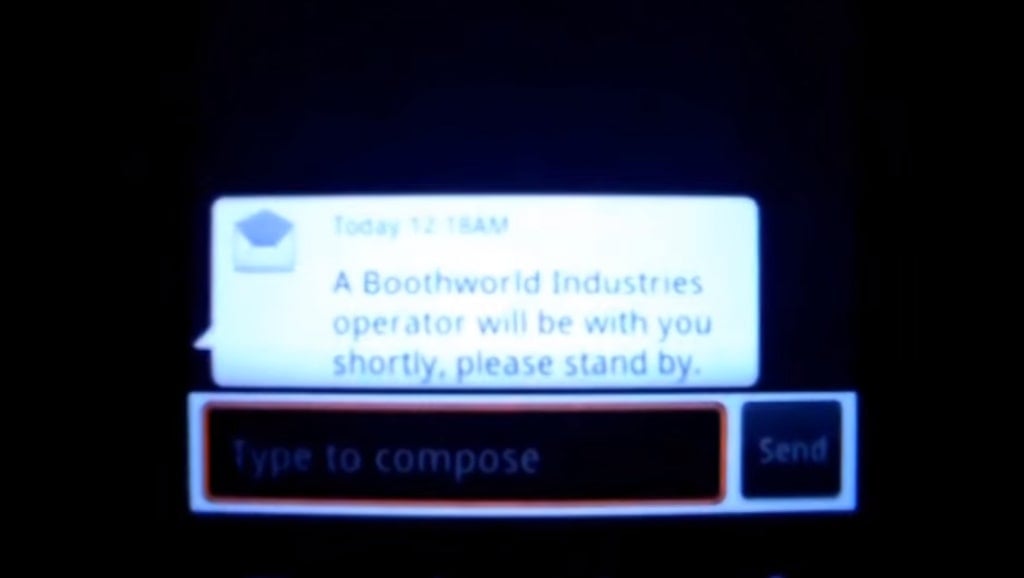 A screenshot of a text message reading, "A Boothworld Industries oeprator will be with you shortly, please stand by"