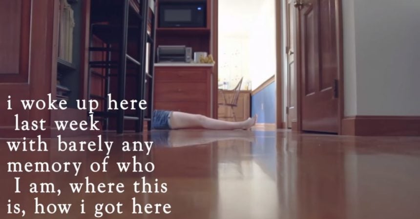 Screenshot from Mary Mary showing Mary's legs lying on the ground, extending out from behind the refrigerator