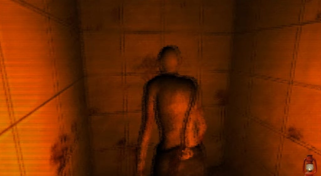 A screenshot from Sad Satan showing a figure facing the wall. The screen is tinted orange.