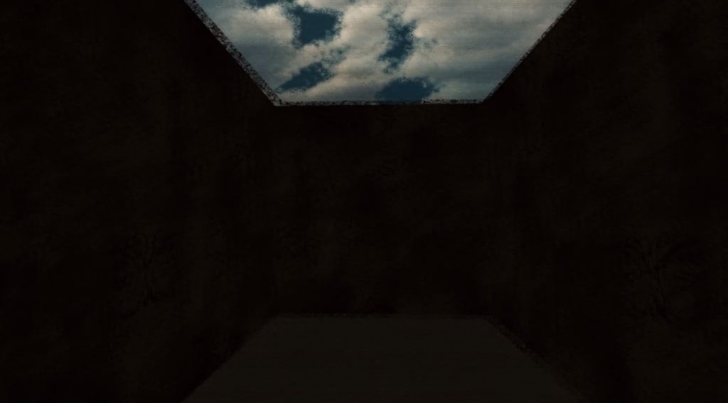 A screenshot of a big, dark room with no ceiling. You can see the sky out the top.