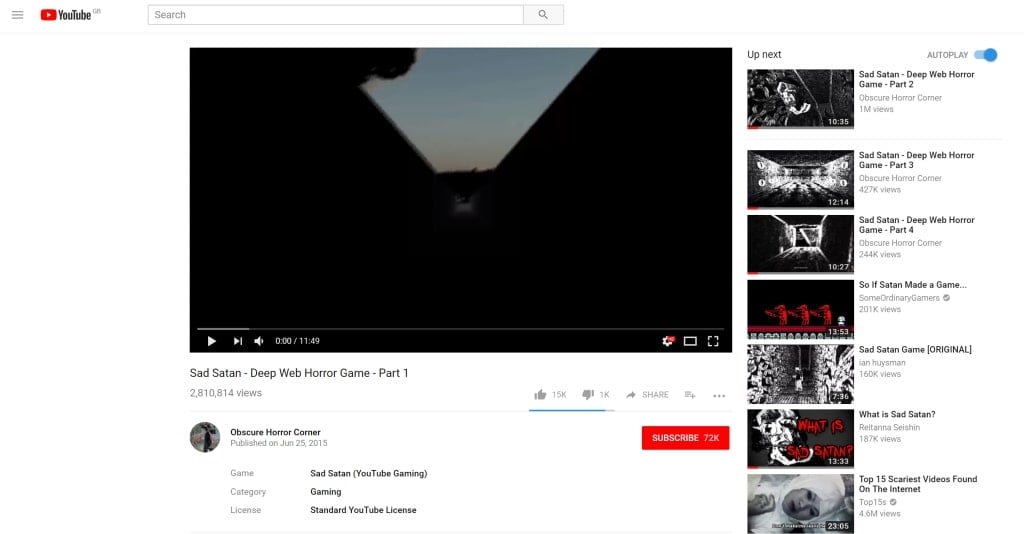 A screenshot of the Sad Satan video's full YouTube page