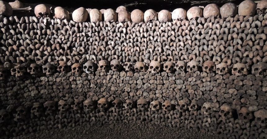 a wall of skulls in the Paris catacombs