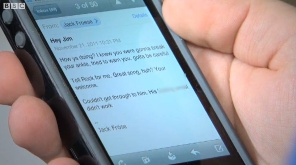 An email from Jack Froese sent after his death, viewed on a phone
