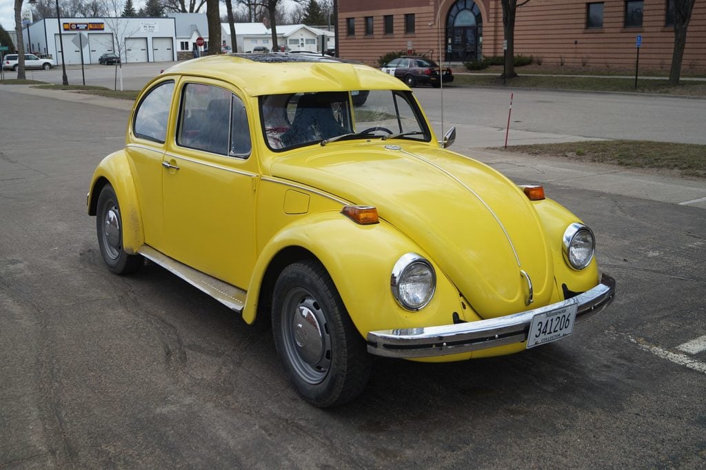 A yellow VW Beetle