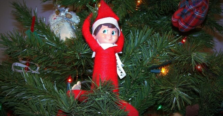 An Elf on the Shelf tucked in the branches of a Christmas tree
