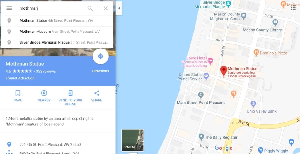 The Mothman statue on Google Maps