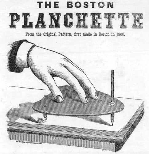 An illustration of a planchette being used for automatic writing