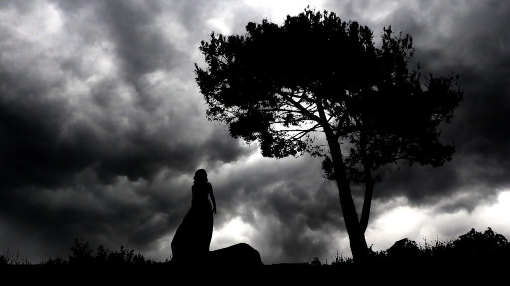 A woman silhouetted against a cloudy sky with a tree next to her