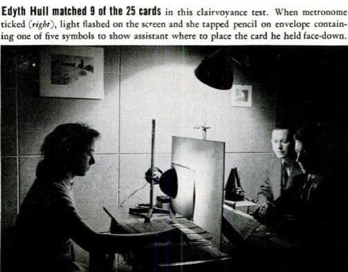 Edyth Hull and J. B. Rhine conducting a Zener card experiment, Life Magazine, April. 15, 1940. 