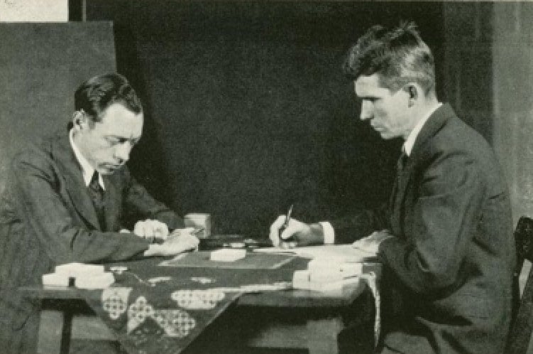 Hubert Pearce and J. B. Rhine conducting a Zener card test in 1934.