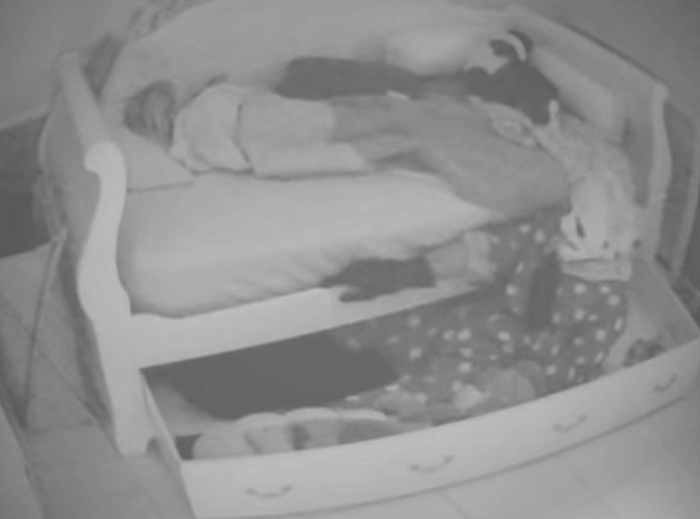 Security camera footage of Wrinkles emerging from beneath a child's bed