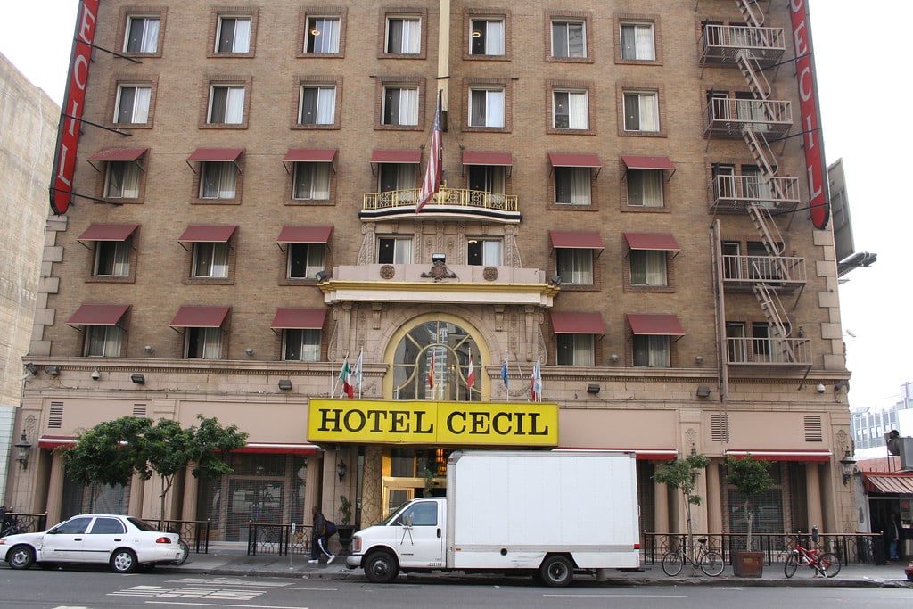 The exterior of the Cecil Hotel, prior to the 2011 re-branding.