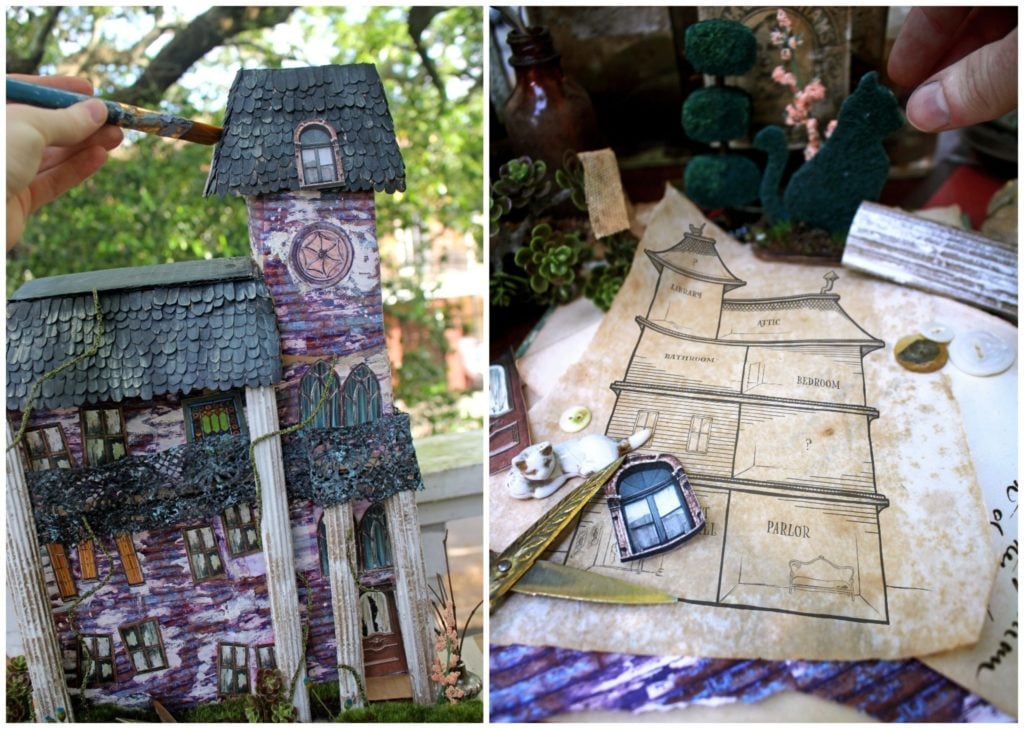 On the left, a completed Grimm Gables model; on the right, Grimm Gables plans. Photos courtesy of Lauren Delaney George.