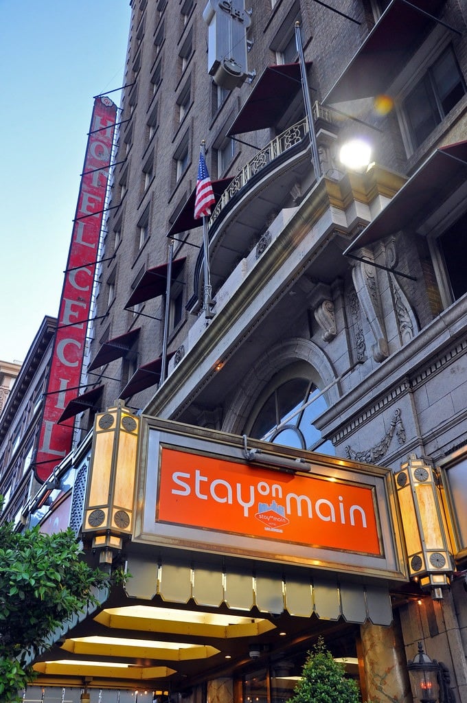 The exterior of Stay on Main/the Cecil Hotel, Los Angeles.