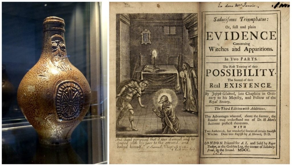 A witch bottle and a page from an old book about witch bottles