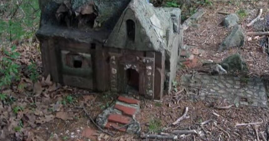 A small, brick and concrete house from the abandoned fairy village, aka the Little People's Village, in Waterbury, Connecticut.