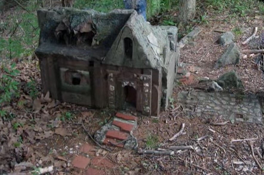 A small, brick and concrete house from the abandoned fairy village, aka the Little People's Village, in Waterbury, Connecticut.