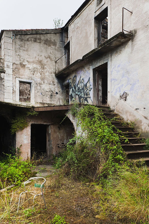 An abandoned building in Celles, France. Stairs overcome with greenery lead to the second floor entrance.