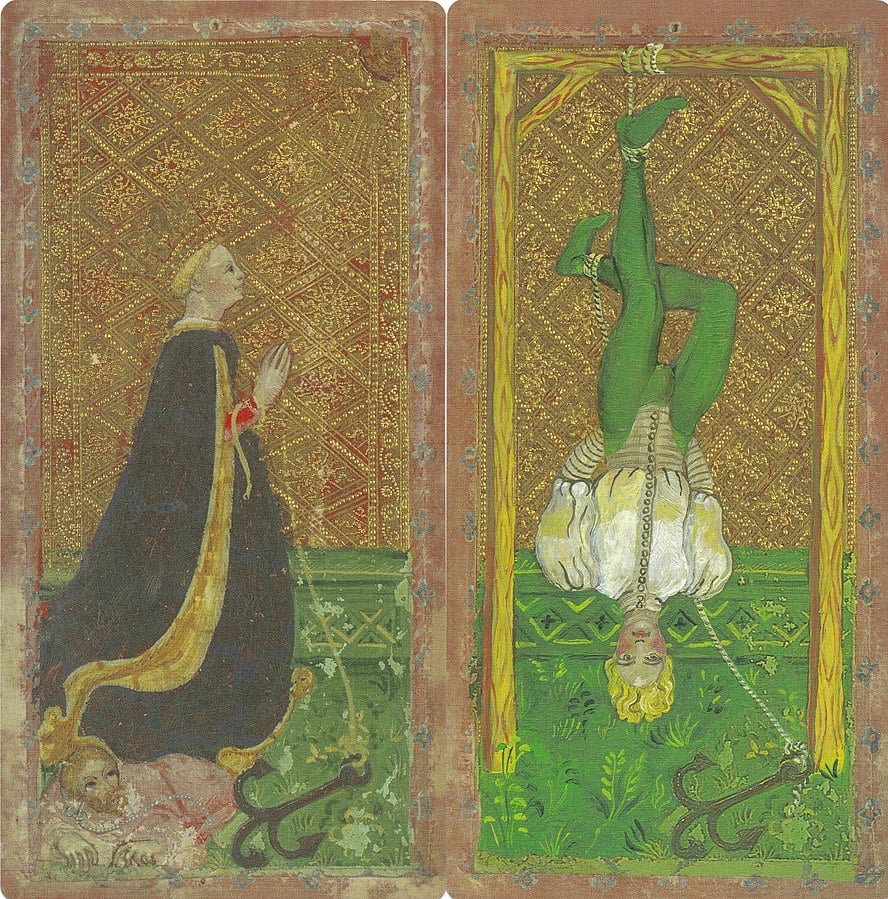 Two cards from the 15th century Visconti-Sforza tarot deck: From left to right, the cards for Hope and the Hanged Man.