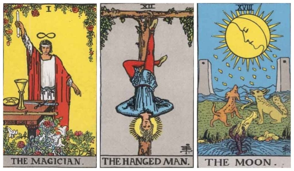 Three images from the Rider-Waite-Smith tarot deck: From left to right, the Major Arcana cards for the Magician, the Hanged Man, and the Moon.