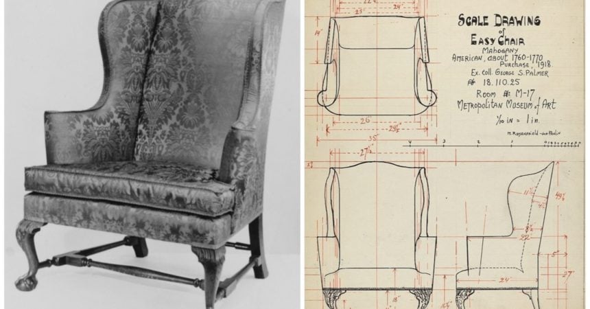 On the left, a black-and-white photograph of an antique, wingback armchair, circa 1760-1790. On the right, a diagram of a similar wingback armchair, circa 1760-1770.