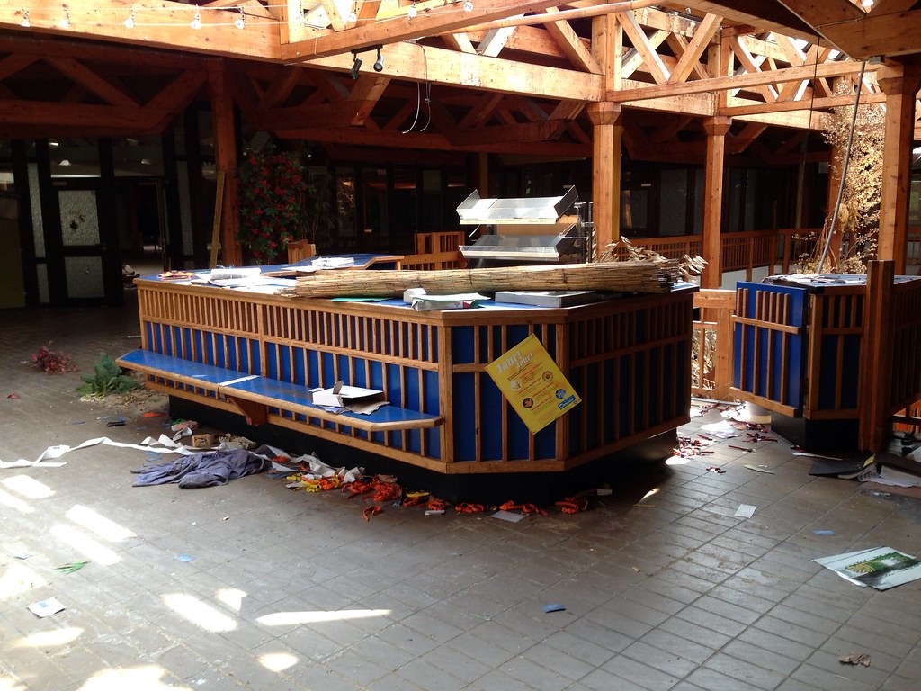 The remains of a blue and wood poolside bar at the abandoned Blub water park in Berlin, 2013.