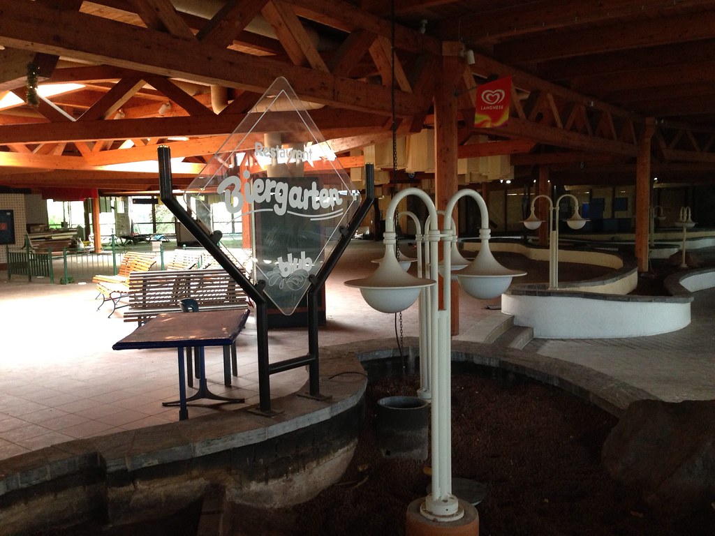The remains of the Biergarten restaurant at the abandoned Blub water park in Berlin, 2013.