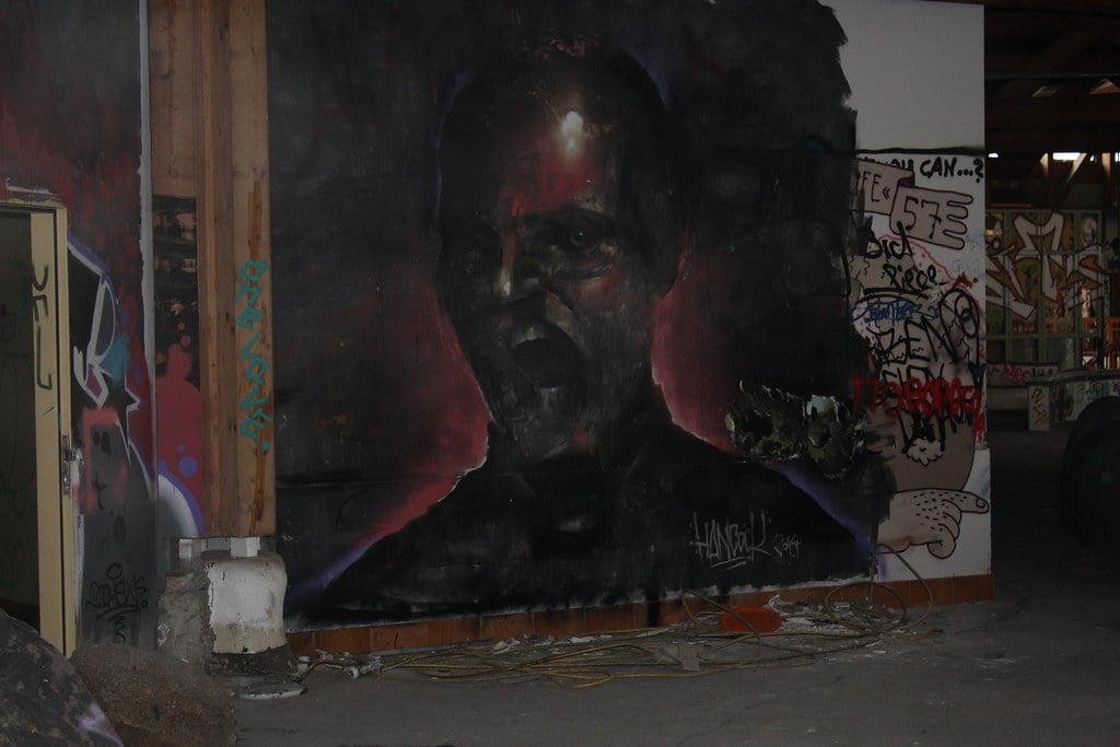 Graffiti of a male-presenting person screaming on the walls of the abandoned Blub water park in Berlin, 2015.