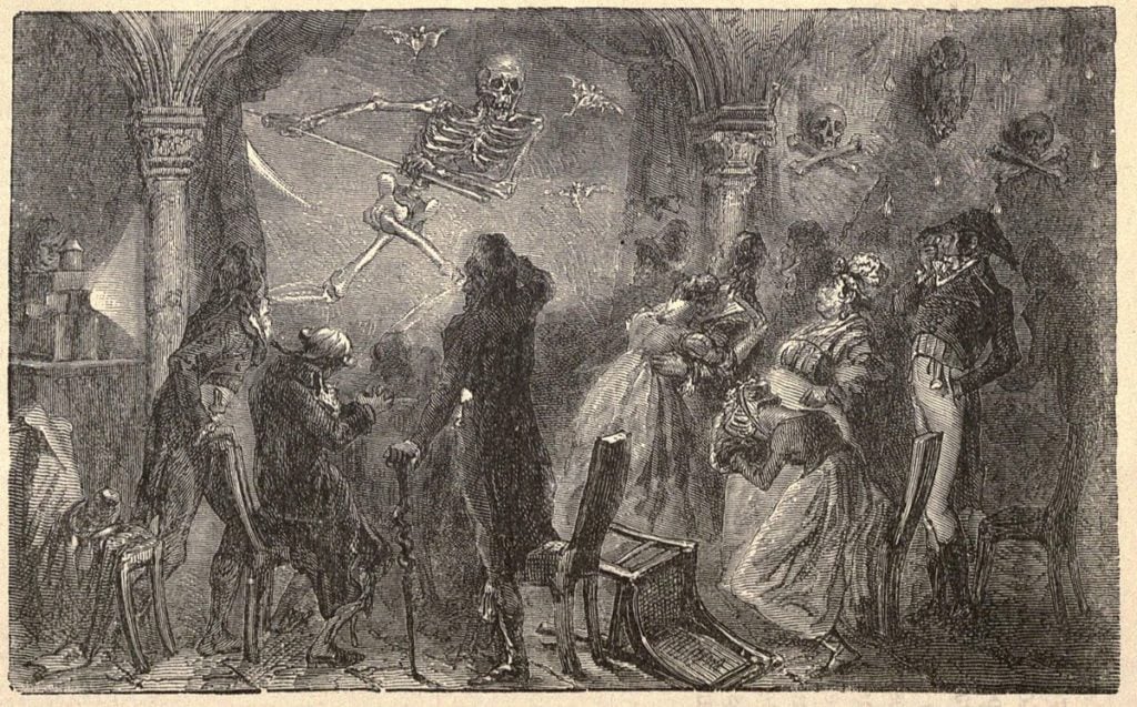 A black-and-white illustration one of Robertson's phantasmagoria shows, featuring a skeleton swooping above a terrified audience.