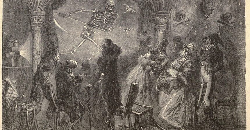 A black-and-white illustration one of Robertson's phantasmagoria shows, featuring a skeleton swooping above a terrified audience.