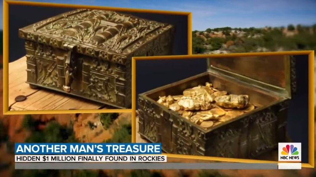 The Rocky Mountains in the background, photos of an ornate box filled with gold coins in the foreground