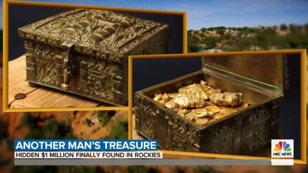 The Rocky Mountains in the background, photos of an ornate box filled with gold coins in the foreground