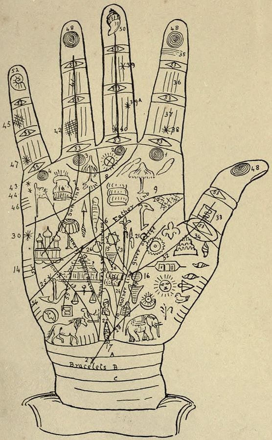 A black-and-white illustration depicting a chiromancy diagram from 1895.