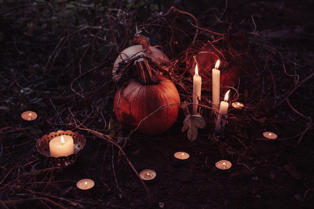 Pumpkins and lit candles gathered on the ground, dead vines twisting up around them.