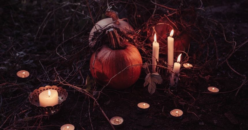 Pumpkins and lit candles gathered on the ground, dead vines twisting up around them.