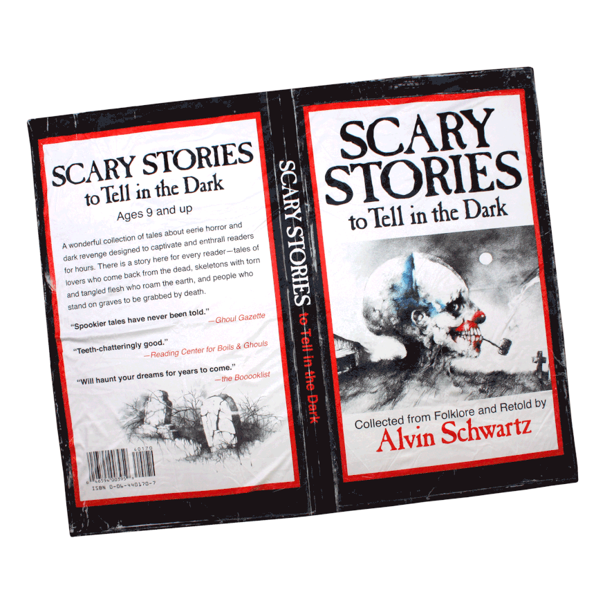 A blanket designed to look like the front and back covers of the first Scary Stories To Tell In The Dark book as illustrated by Stephen Gammell.