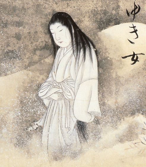 An illustration of a yuki-onna - a woman dressed in white with long, black hair - from the Edo era Japanese scroll work Hyakkai-Zukan.
