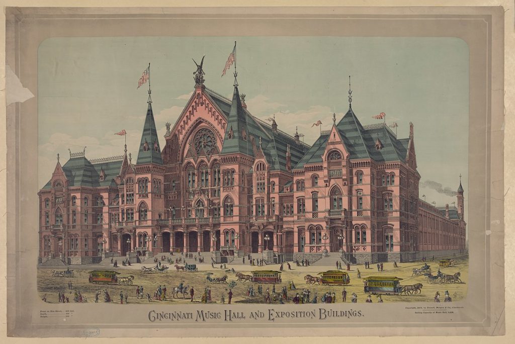 A postcard illustration of Cincinnati Music Hall, circa 1879.