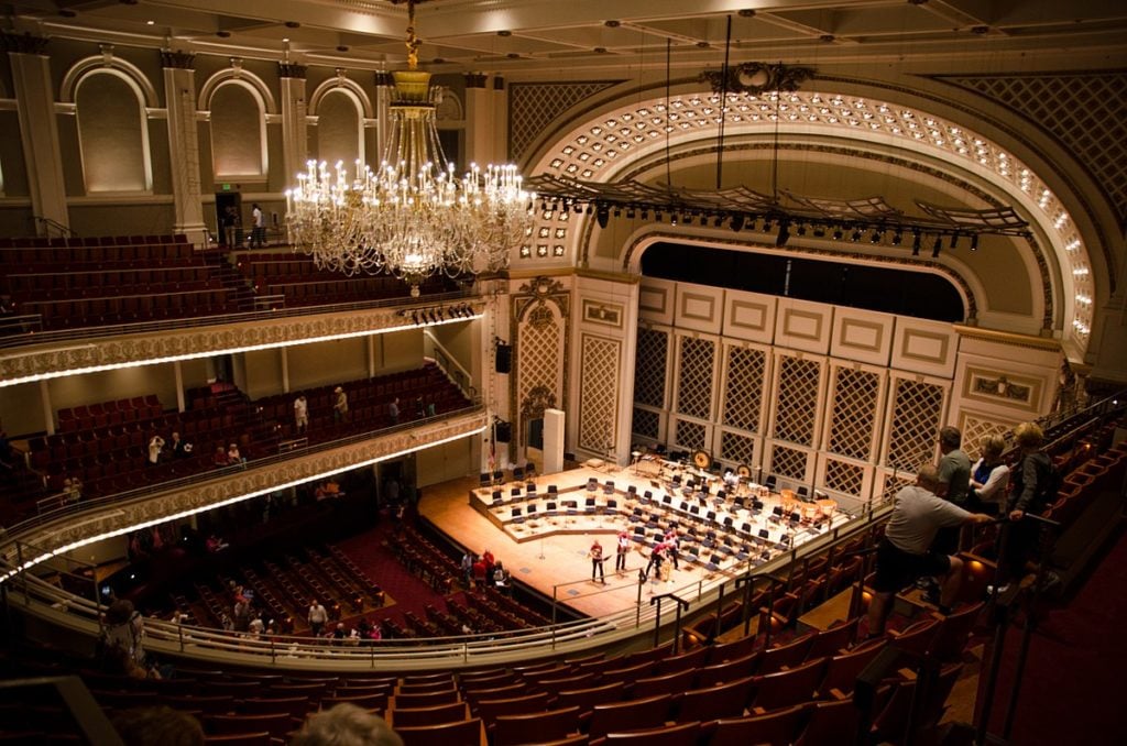 A view of the stage in the Springer Auditorium at Cincinnati Music Hall, viewed from the balcony house right.