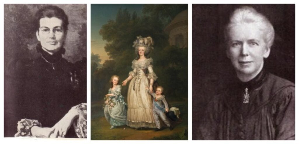 Two black and white portraits of white women, one with dark hair and glasses (Moberly) and one with blonde hair (Jourdain), flanking a portrait of Marie Antoinette.